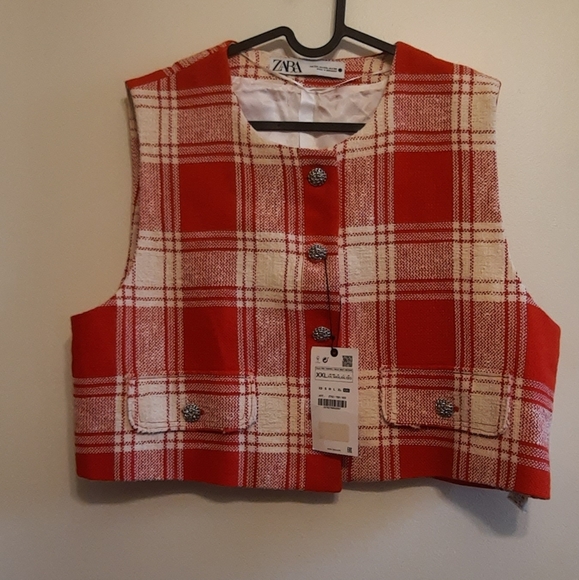 Zara Textured Waistcoat Vest Top Sleeveless Red White - Picture 7 of 14